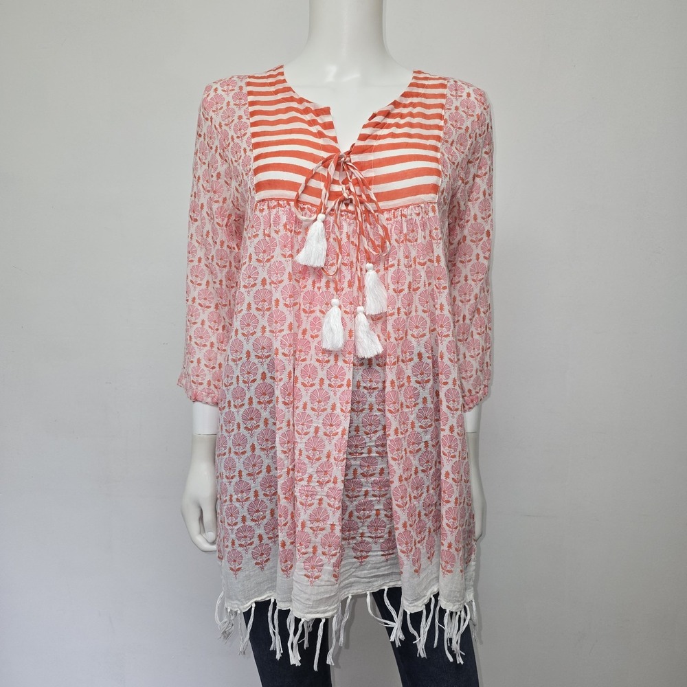 Ro's Garden Seychelles Tunic Top Cover-Up Floral Block Print Tassels Sz S Fringe